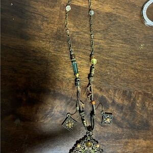 Vintage Gold and Brown Pendant Necklace and Earrings